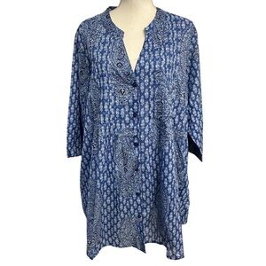 La Cera Pintuck Button Up Paisley Tunic Lightweight SZ 2X Blue White NWT Boho